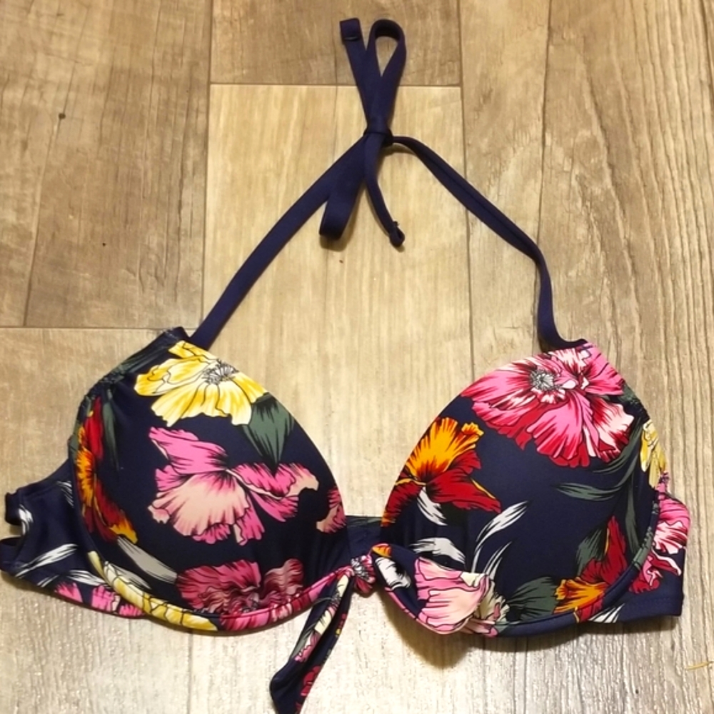 Navy Blue with Floral Print Bikini Top